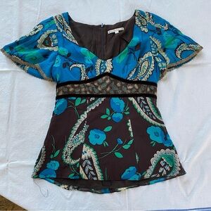 Vintage Nanette Lepore Y2K Babydoll Blue & Brown Print Silk Blouse